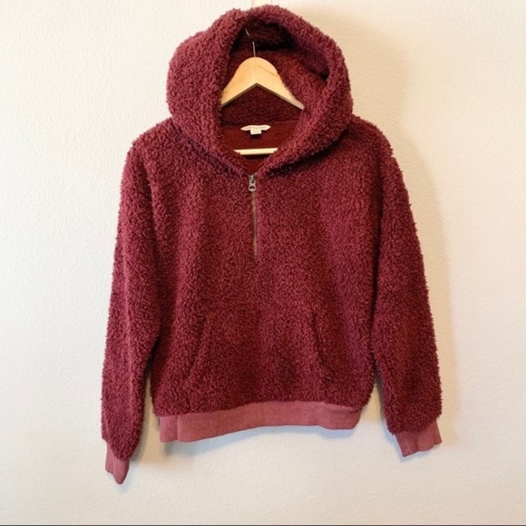 American Eagle Maroon Teddy Bear Fuzzy Sherpa Half Zip Pullover Sweater - Picture 1 of 5